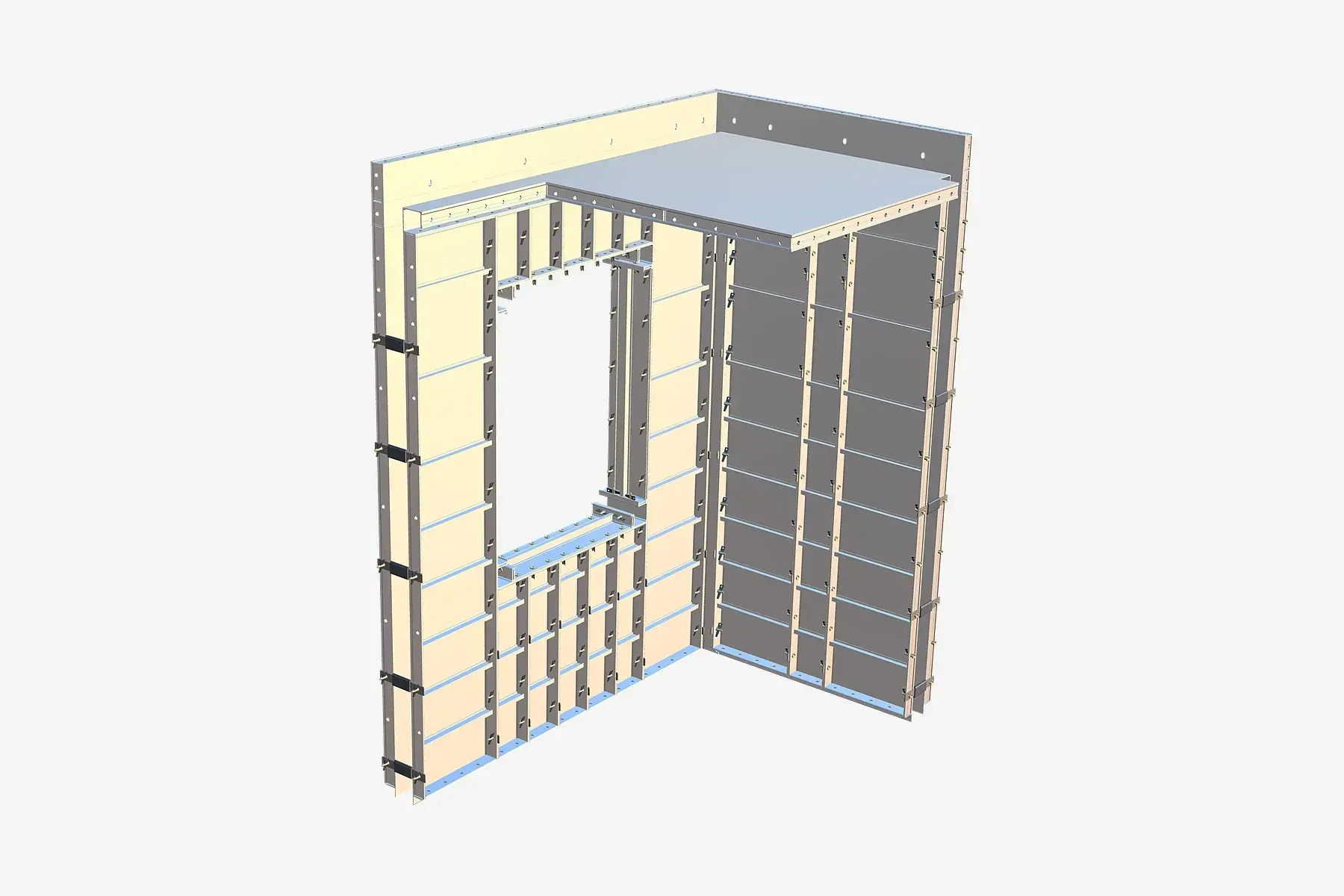 3D configuration render of a monolithic wall and slab formwork layout
