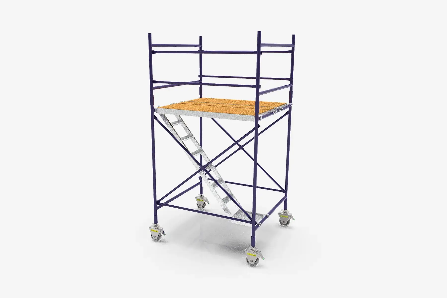 3D product render of a mobile H-frame scaffold with platform and braces