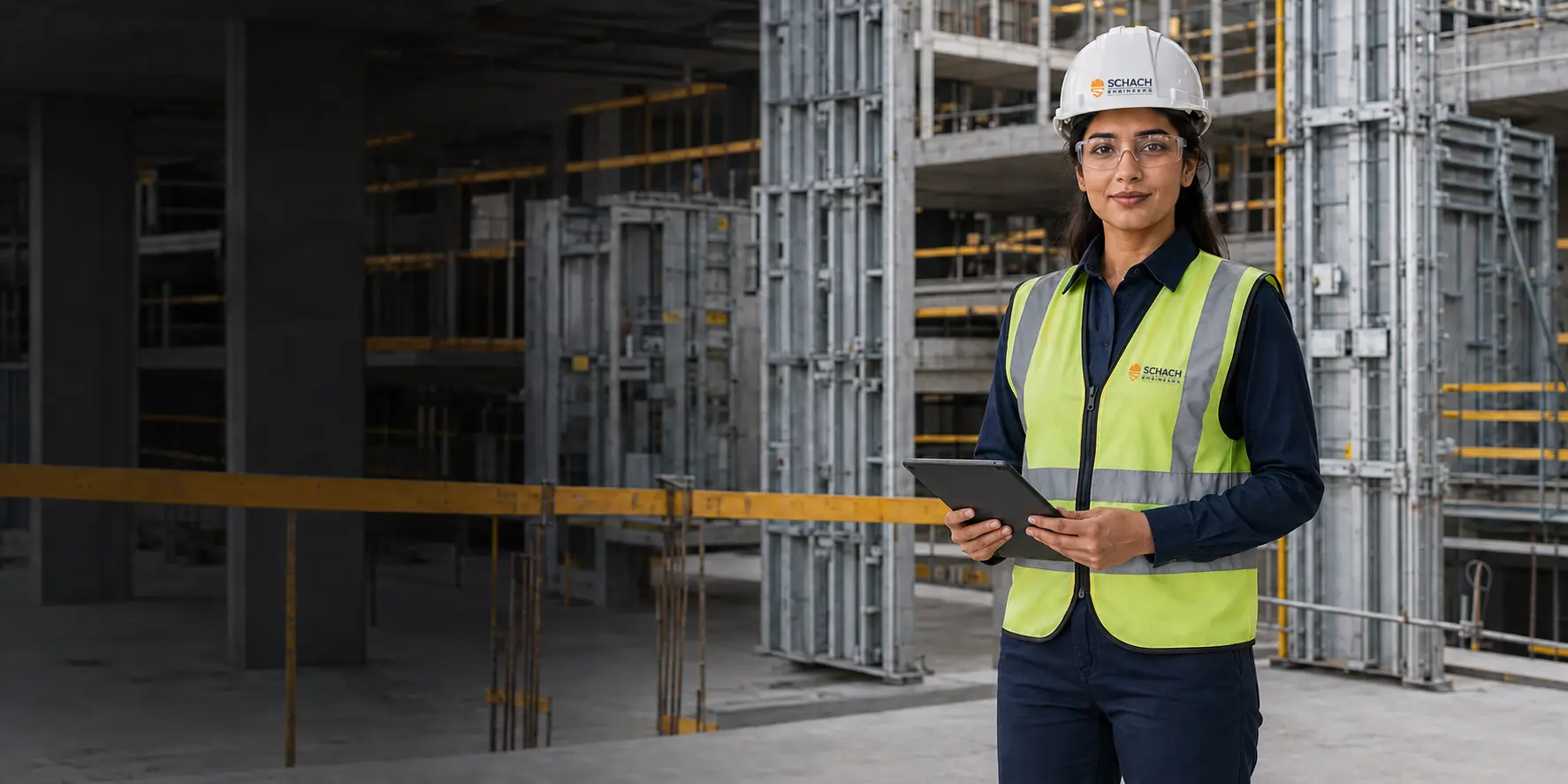 Shivi, your Schach guide, wearing construction PPE at a formwork site