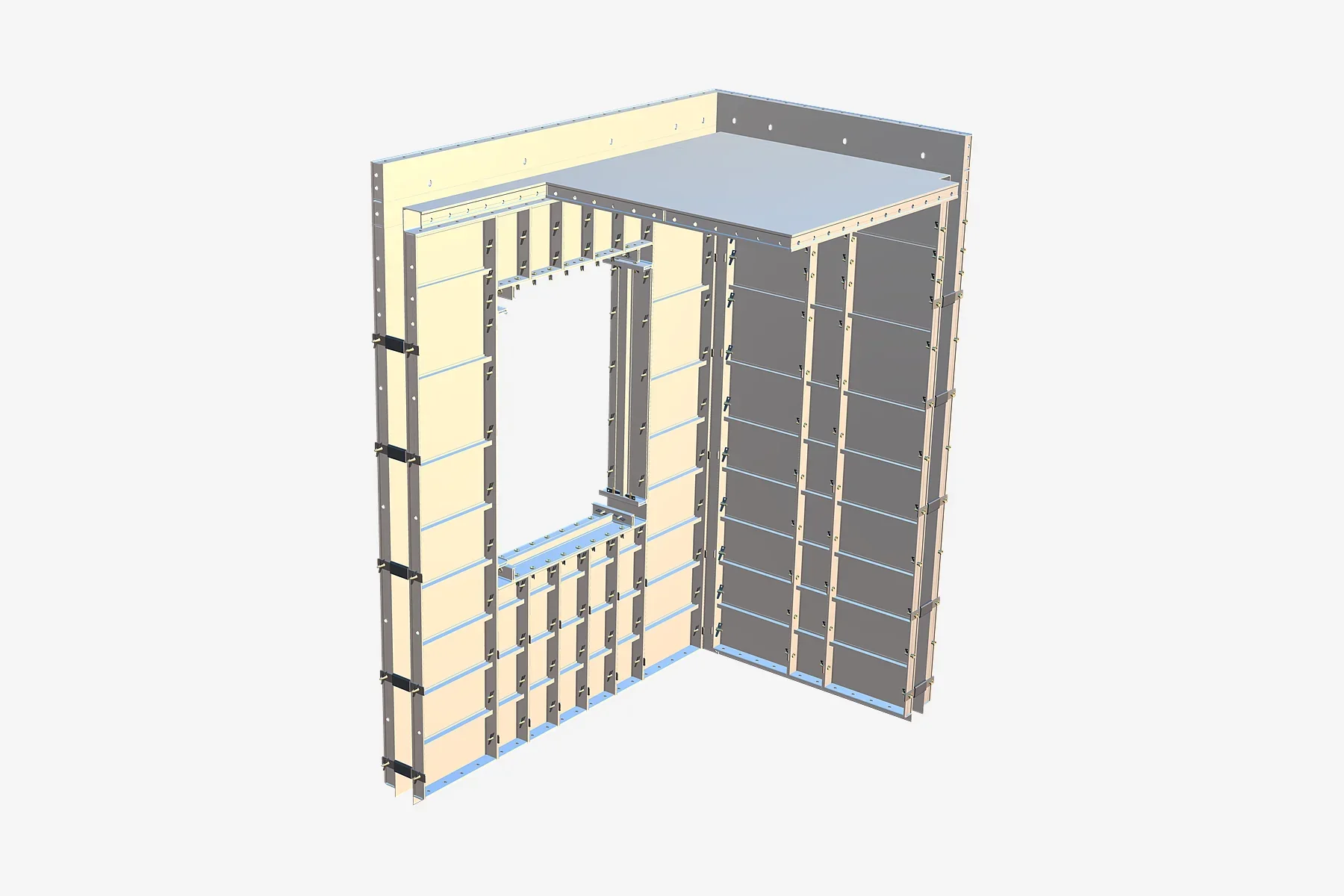 3D configuration render of a monolithic wall and slab formwork layout
