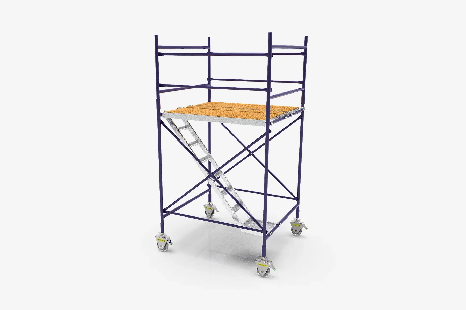 3D product render of a mobile H-frame scaffold with platform and braces
