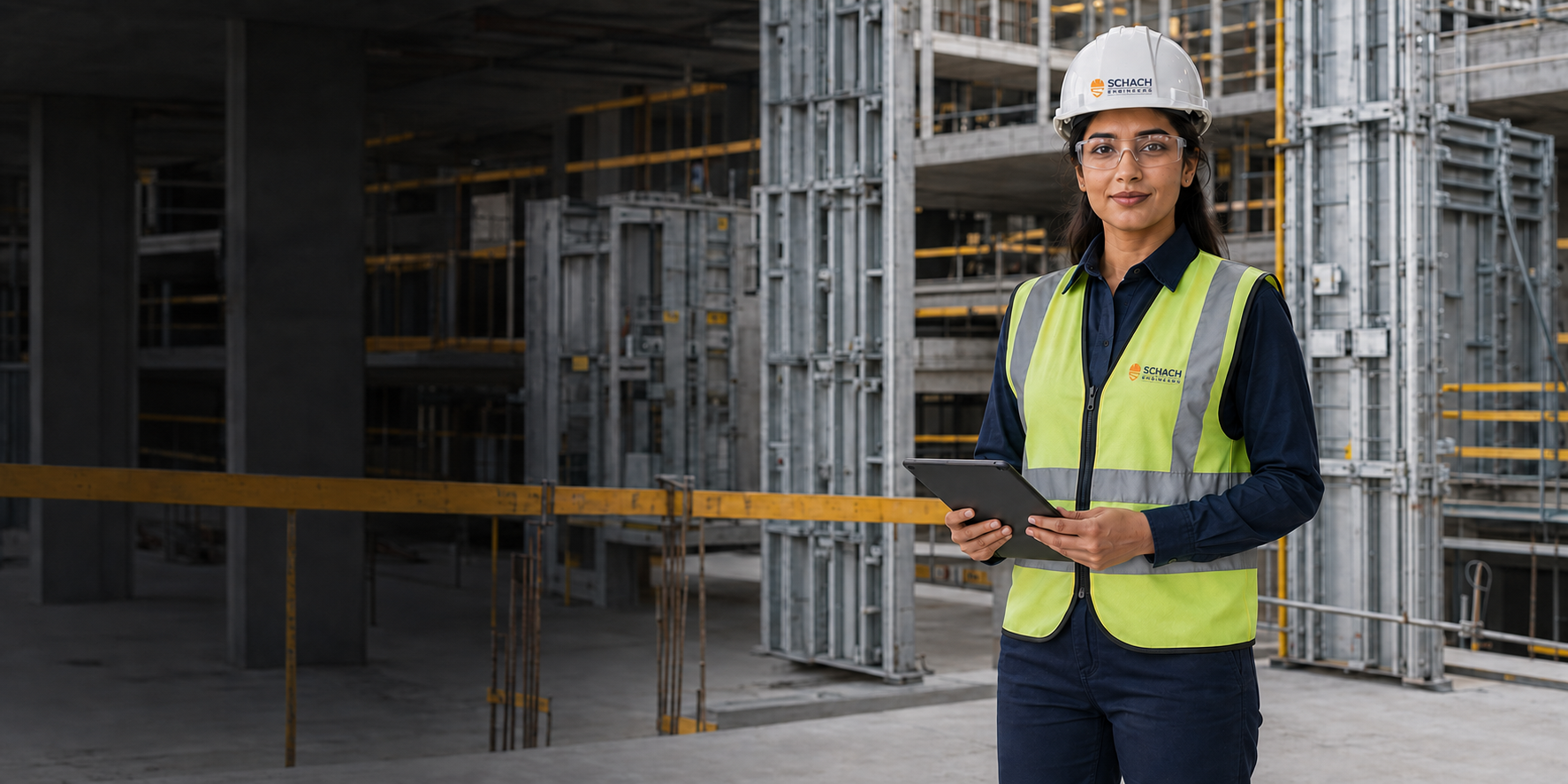 Shivi, your Schach guide, wearing construction PPE at a formwork site